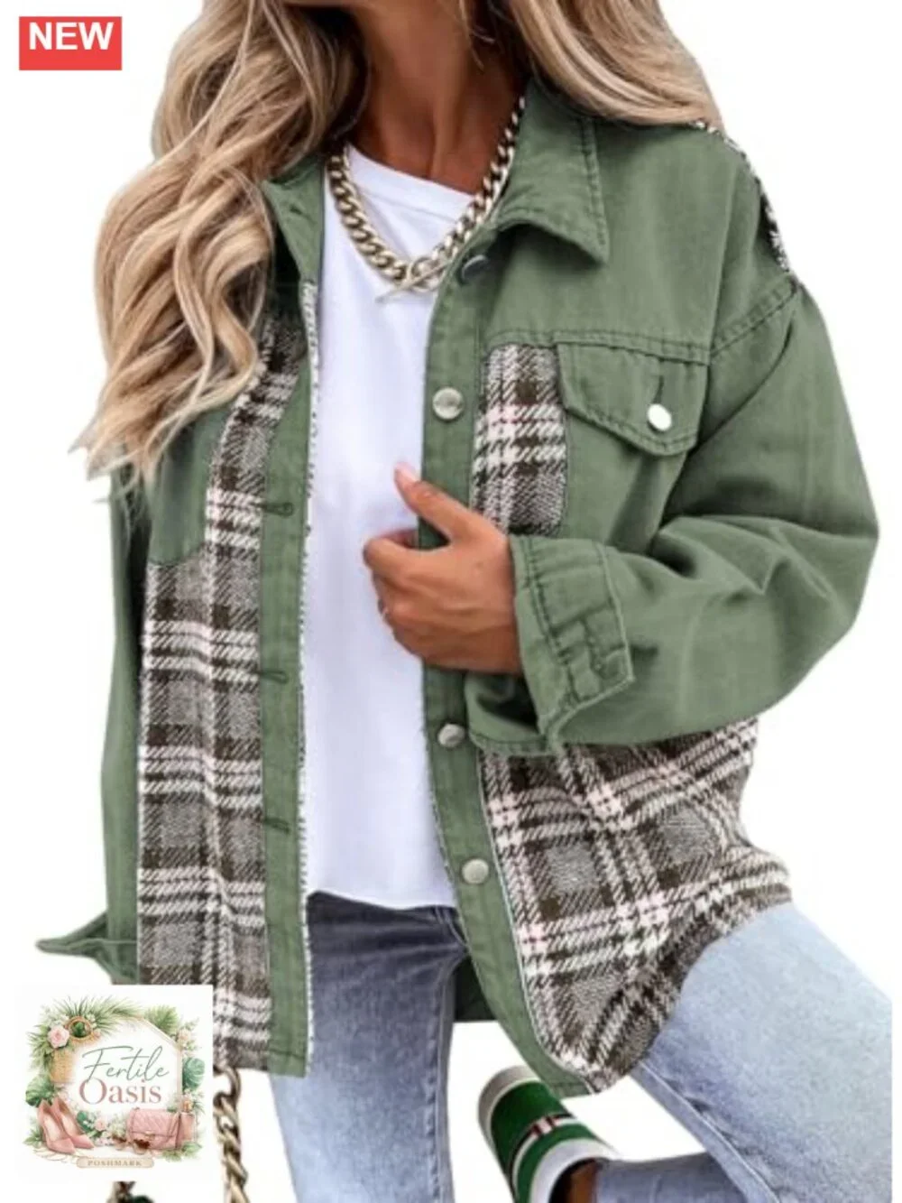 Womens Oversized Denim Jacket Plaid Shacket with Pockets, Long Sleeve